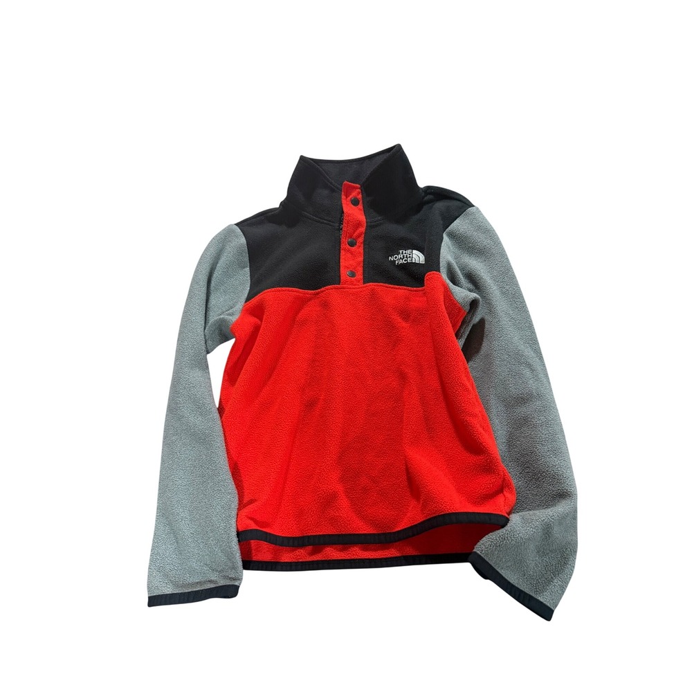 The North Face Boys Red Black Grey Colorblock Snap Fleece Pullover Size S 7/8